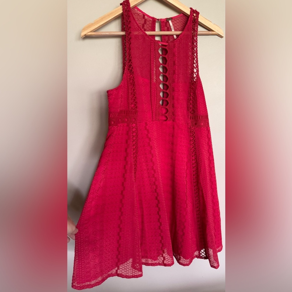 Free People Red Lace Cutout Fit & Flare Dress Size 10 Boho - Picture 1 of 11
